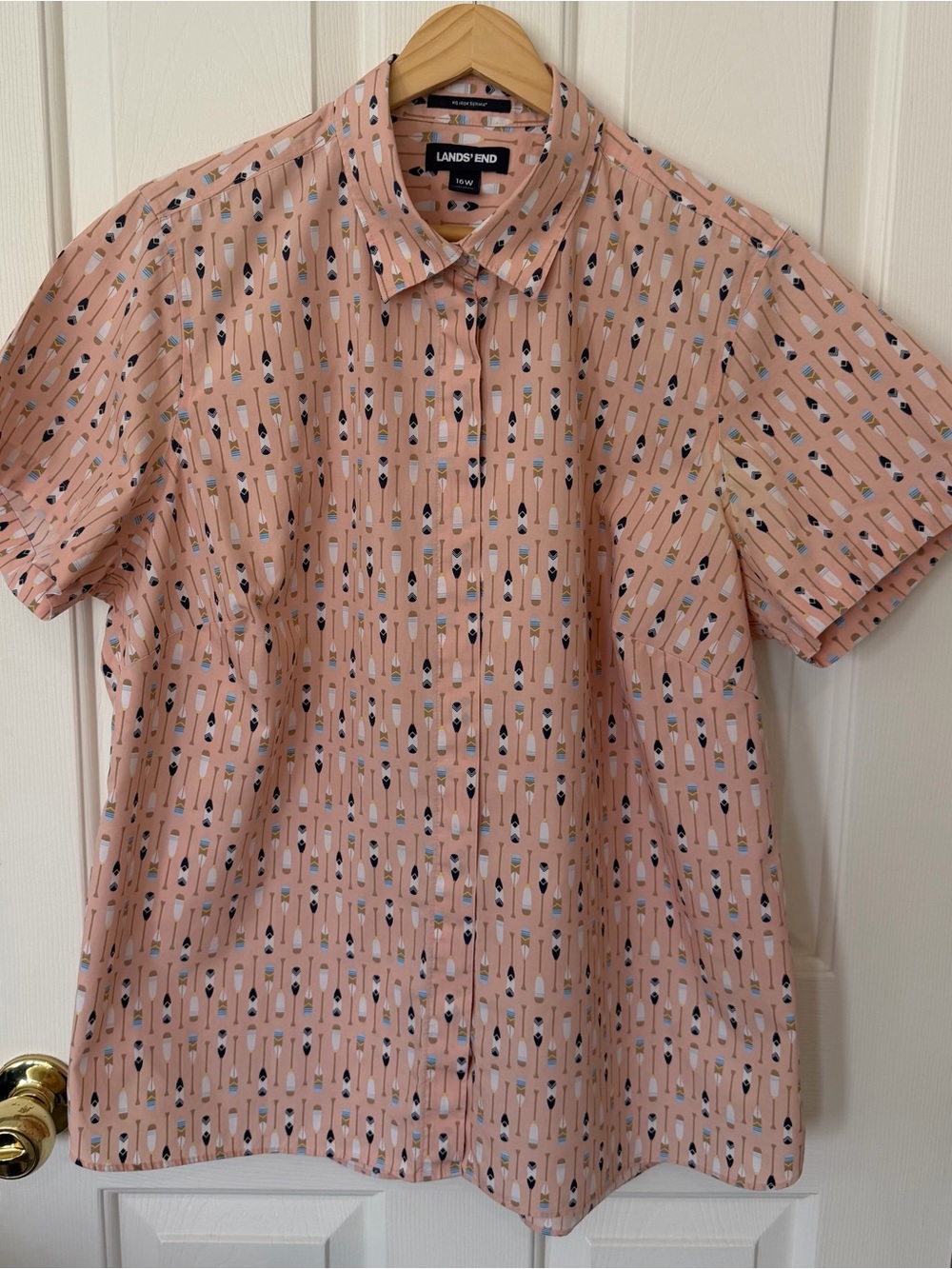 Lands' End Peach Short-Sleeve Button-Up with Oar Motif
